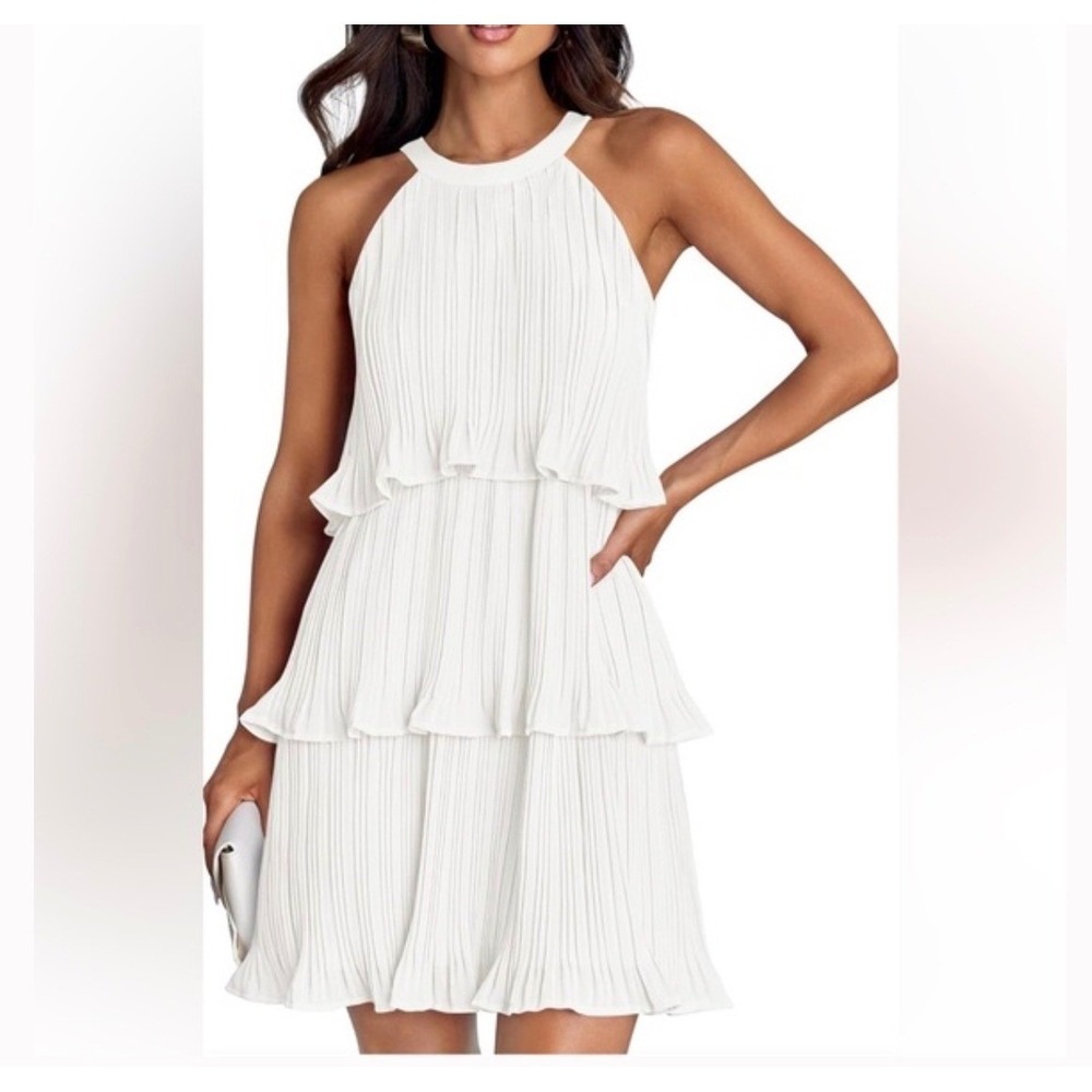 ZESICA Womens White Pleated Tiered Halter Dress Size S